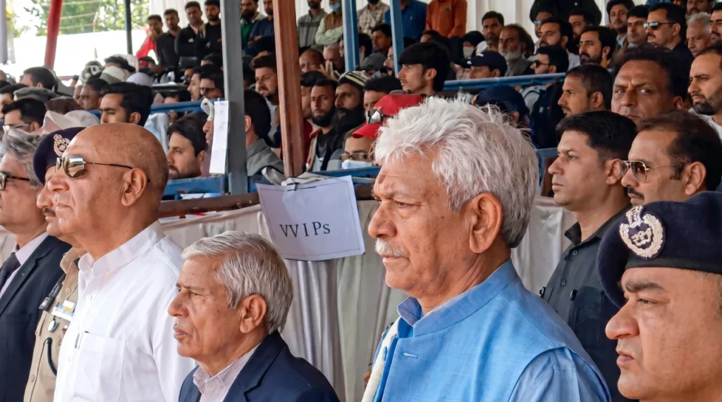 LG Manoj Sinha arrives at SK Stadium Bandipora for Mega Anti-Drug Padyatra
