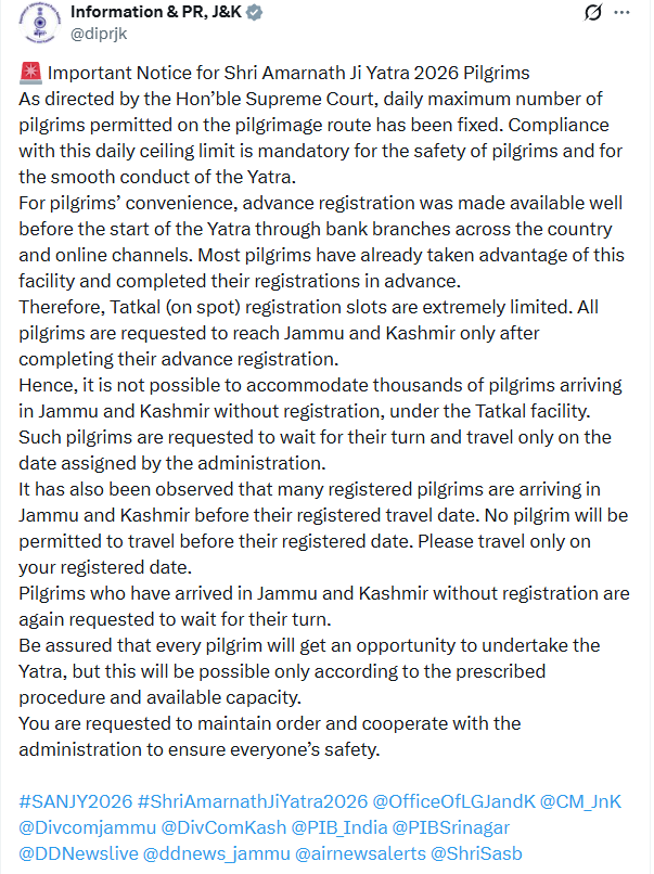 SASB issues important advisory for Shri Amarnath Ji Yatra 2026 pilgrims