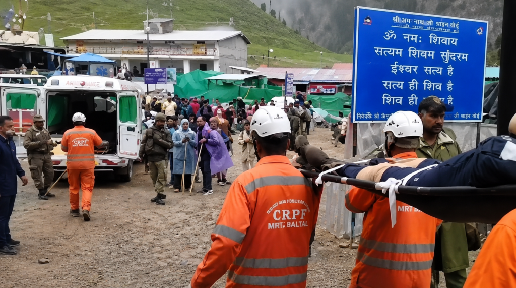 CRPF personnel carry ailing Amarnath Yatra devotee to safety at Baltal
